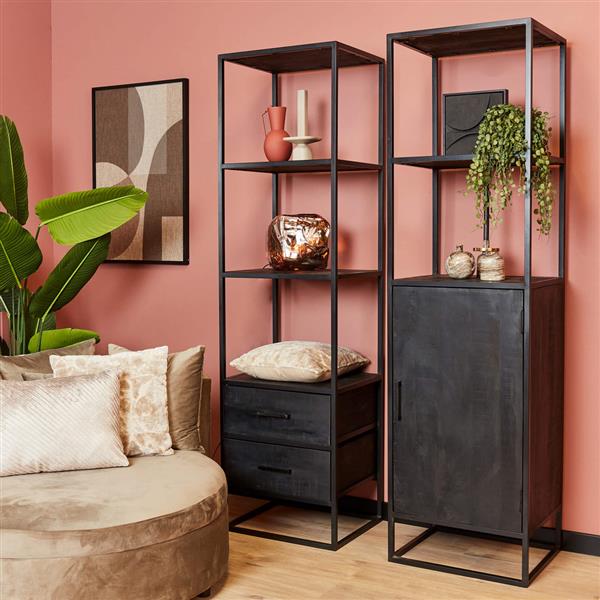 Grote foto boekenkast denver black 55 cm 2 lades zwart mangohout en staal huis en inrichting eettafels