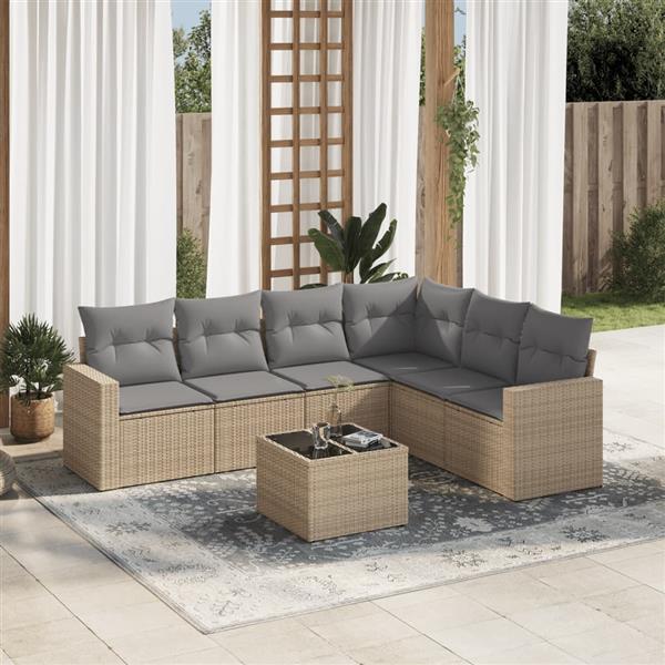 Grote foto vidaxl 7 delige loungeset met kussens poly rattan beige tuin en terras tuinmeubelen