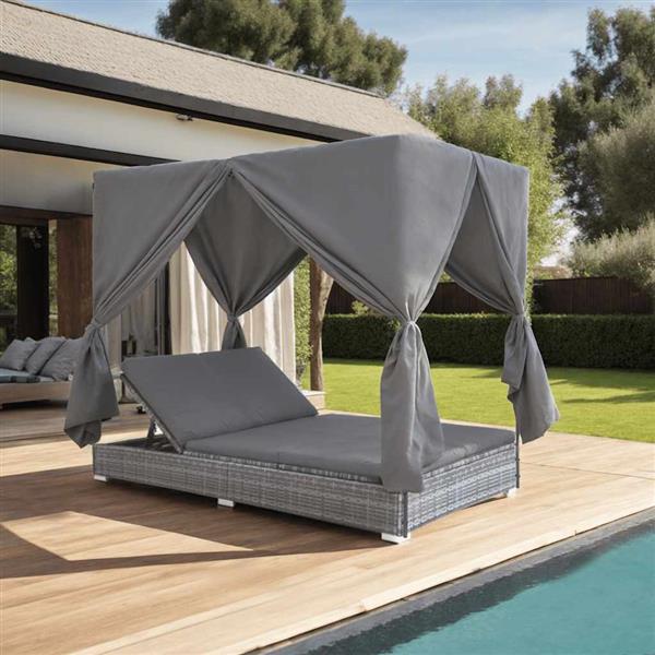 Grote foto vidaxl loungebed met gordijnen poly rattan grijs tuin en terras tuinmeubelen