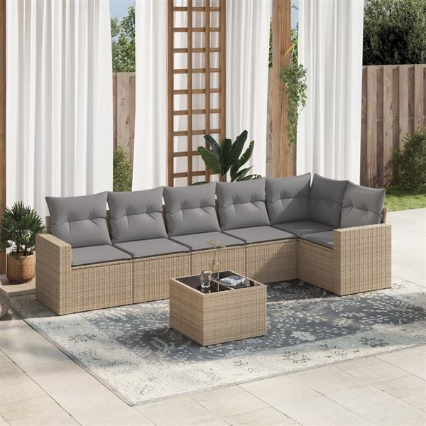 Grote foto vidaxl 7 delige loungeset met kussens poly rattan beige tuin en terras tuinmeubelen
