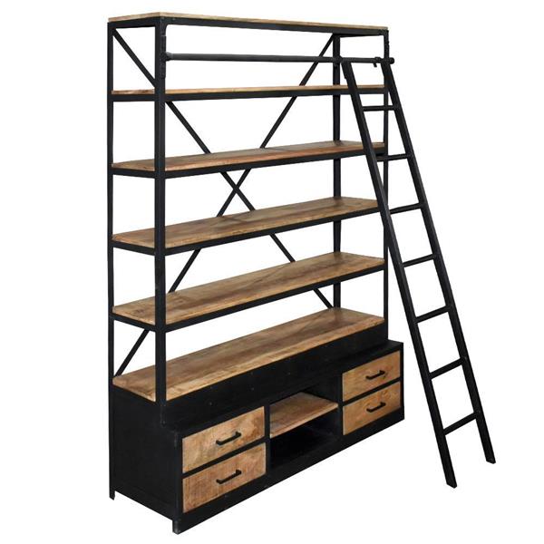 Grote foto boekenkast las palmas met ladder 160x225x50 cm naturel mangohout leverbaar vanaf week 20 huis en inrichting eettafels
