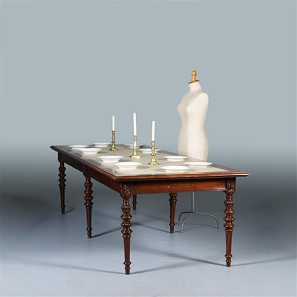 Grote foto praktische chique lange noten eetkamertafel of werktafel met wasdoek ingelegd hollands ca 1880 no.2 antiek en kunst stoelen en banken