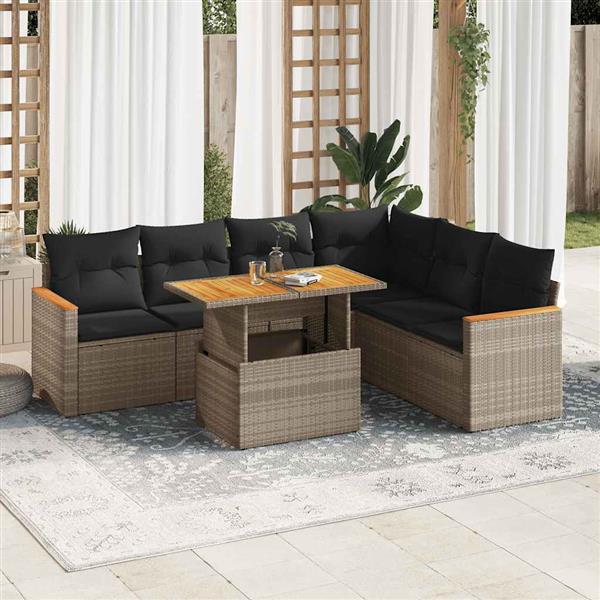Grote foto vidaxl 7 delige loungeset met kussens poly rattan acacia grijs tuin en terras tuinmeubelen