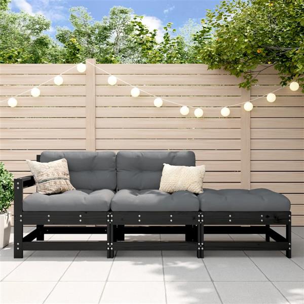 Grote foto vidaxl 3 delige loungeset met kussens massief hout zwart tuin en terras tuinmeubelen