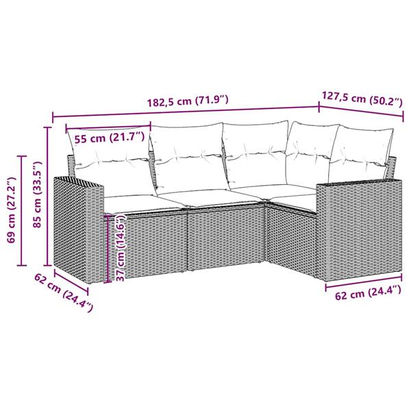 Grote foto vidaxl 4 delige loungeset met kussens poly rattan bruin tuin en terras tuinmeubelen