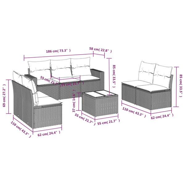 Grote foto vidaxl 8 delige loungeset met kussens poly rattan zwart tuin en terras tuinmeubelen