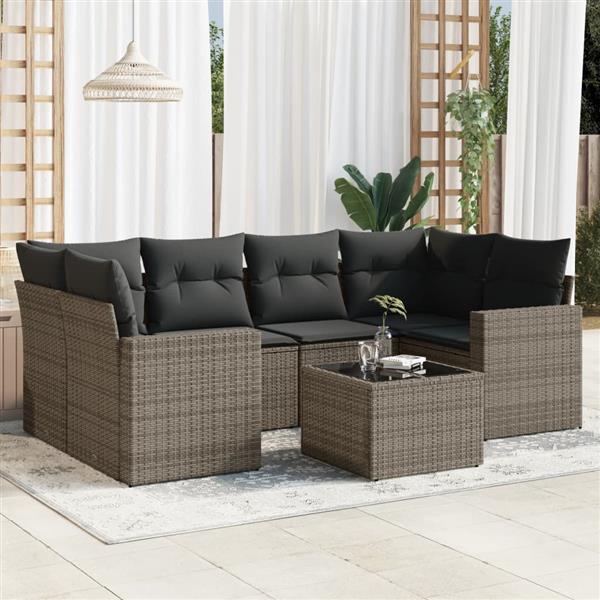 Grote foto vidaxl 7 delige loungeset met kussens poly rattan grijs tuin en terras tuinmeubelen