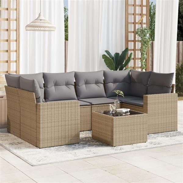 Grote foto vidaxl 7 delige loungeset met kussens poly rattan beige tuin en terras tuinmeubelen