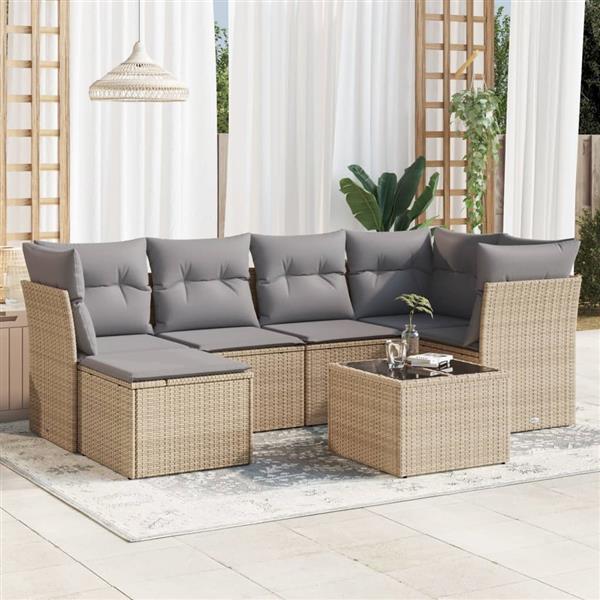 Grote foto vidaxl 7 delige loungeset met kussens poly rattan beige tuin en terras tuinmeubelen