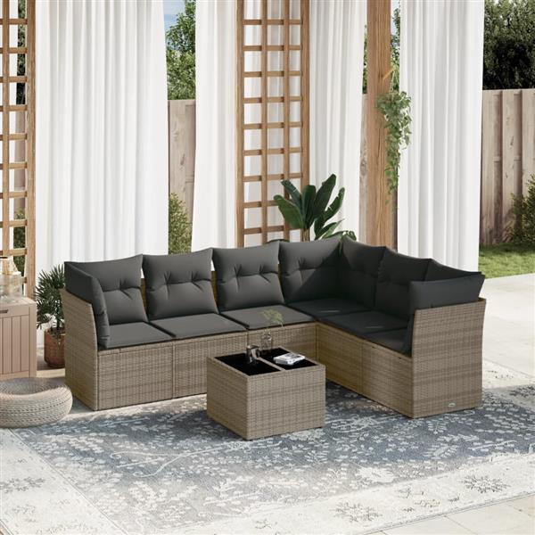 Grote foto vidaxl 7 delige loungeset met kussens poly rattan grijs tuin en terras tuinmeubelen