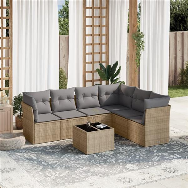 Grote foto vidaxl 7 delige loungeset met kussens poly rattan beige tuin en terras tuinmeubelen