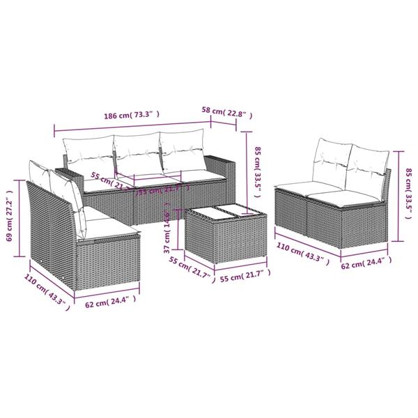 Grote foto vidaxl 8 delige loungeset met kussens poly rattan grijs tuin en terras tuinmeubelen