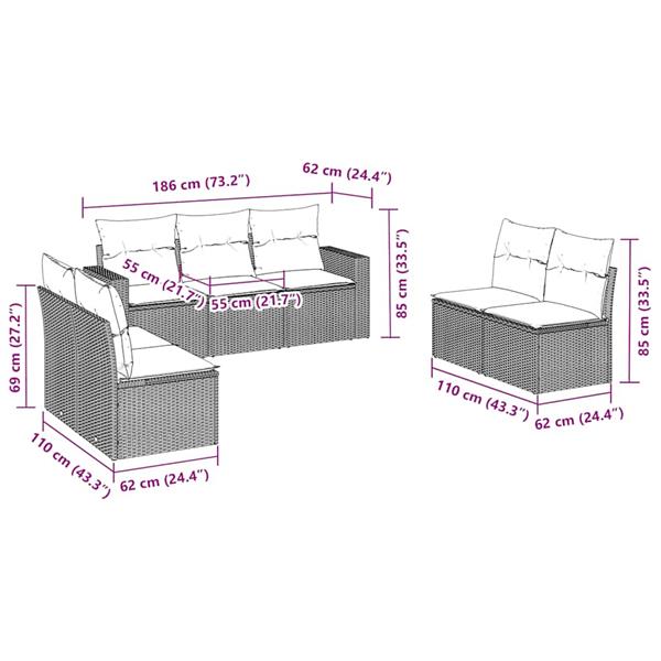 Grote foto vidaxl 7 delige loungeset met kussens poly rattan bruin tuin en terras tuinmeubelen