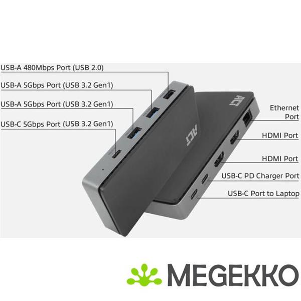 Grote foto act usb c 4k mst dockingstation voor 2 hdmi monitoren. ethernet. usb c. 3x usb a. pd passthrough en computers en software overige computers en software