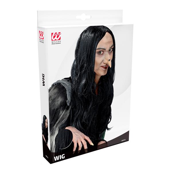 Grote foto pruik heks amelia zwart in plastic doos verzamelen overige verzamelingen