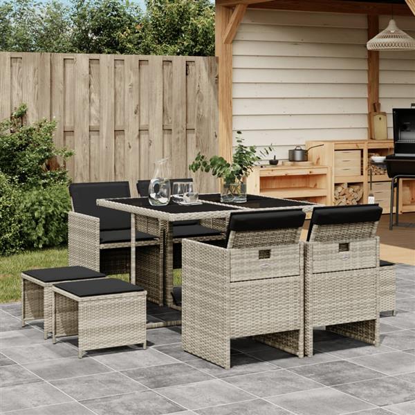 Grote foto vidaxl 9 delige tuinset met kussens poly rattan lichtgrijs tuin en terras tuinmeubelen