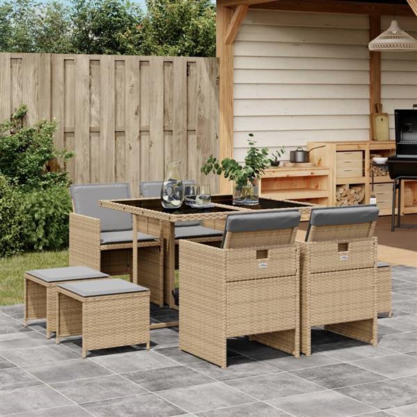 Grote foto vidaxl 9 delige tuinset met kussens poly rattan gemengd beige tuin en terras tuinmeubelen