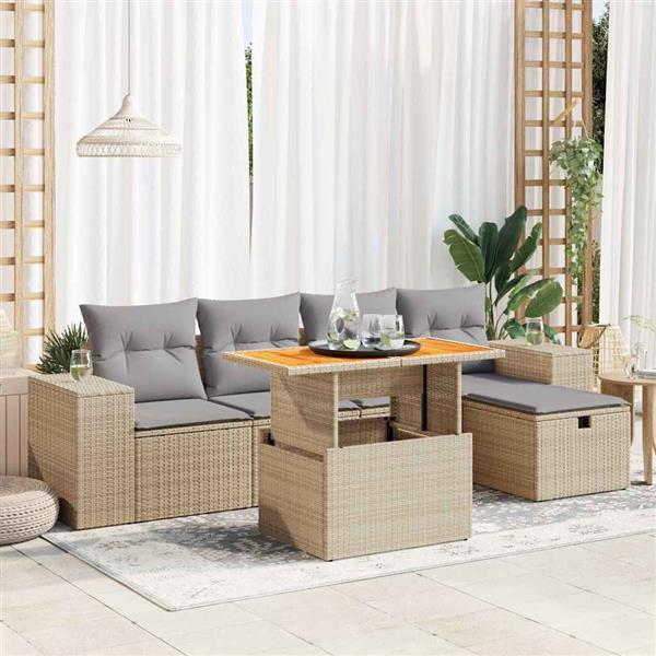 Grote foto vidaxl 6 delige loungeset met kussens poly rattan acacia beige tuin en terras tuinmeubelen
