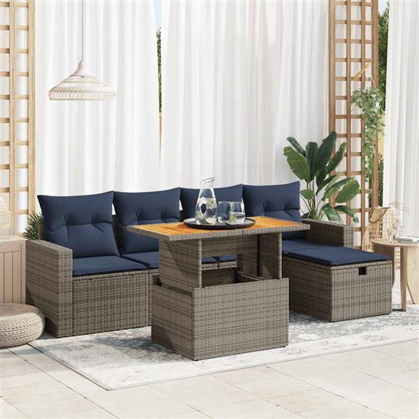Grote foto vidaxl 6 delige loungeset met kussens poly rattan acacia grijs tuin en terras tuinmeubelen