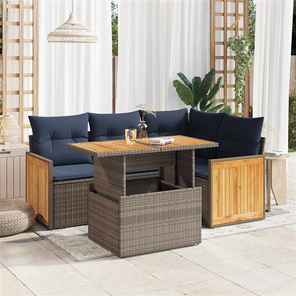 Grote foto vidaxl 5 delige loungeset met kussens poly rattan acacia grijs tuin en terras tuinmeubelen