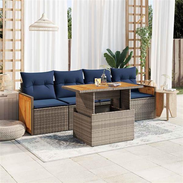 Grote foto vidaxl 5 delige loungeset met kussens poly rattan acacia grijs tuin en terras tuinmeubelen