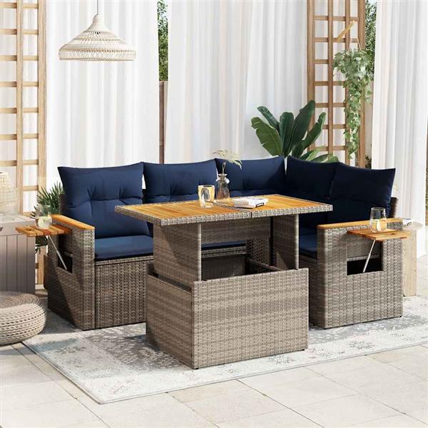 Grote foto vidaxl 5 delige loungeset met kussens poly rattan acacia grijs tuin en terras tuinmeubelen