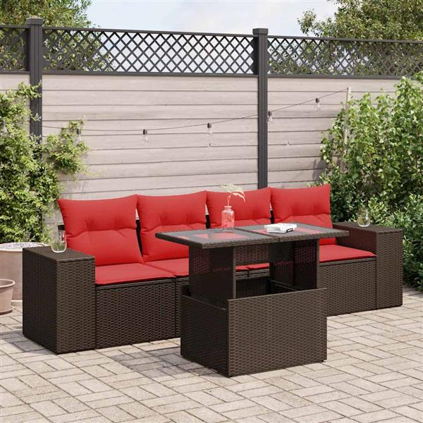 Grote foto vidaxl 5 delige loungeset met kussens poly rattan acacia bruin tuin en terras tuinmeubelen
