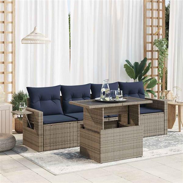Grote foto vidaxl 5 delige loungeset met kussens poly rattan acacia zwart tuin en terras tuinmeubelen