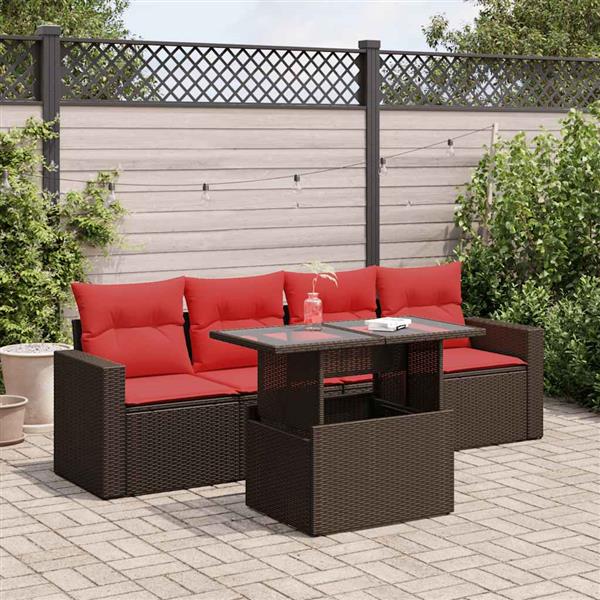 Grote foto vidaxl 5 delige loungeset met kussens poly rattan acacia bruin tuin en terras tuinmeubelen