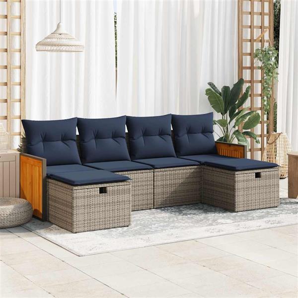Grote foto vidaxl 6 delige loungeset met kussens poly rattan grijs tuin en terras tuinmeubelen