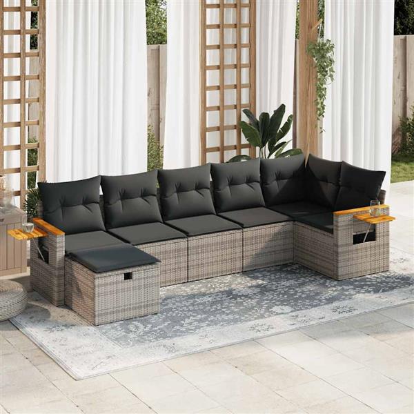 Grote foto vidaxl 7 delige loungeset met kussens poly rattan grijs tuin en terras tuinmeubelen