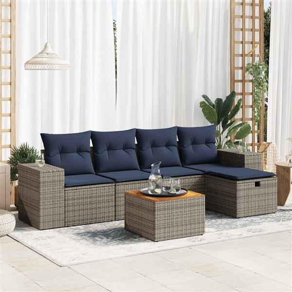 Grote foto vidaxl 6 delige loungeset met kussens poly rattan grijs tuin en terras tuinmeubelen