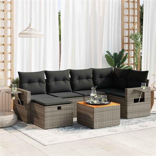 Grote foto vidaxl 7 delige loungeset met kussens poly rattan grijs tuin en terras tuinmeubelen