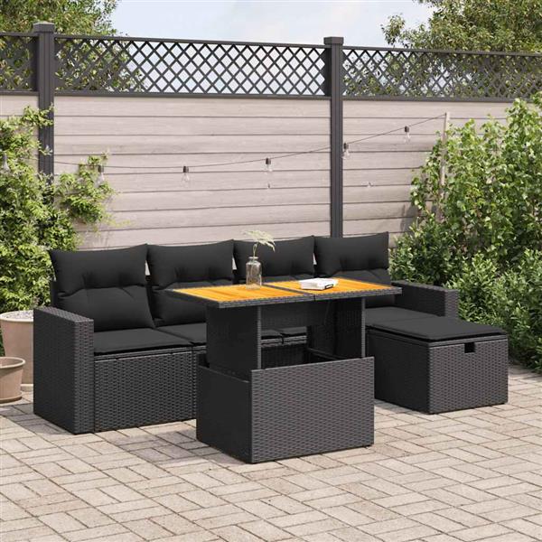 Grote foto vidaxl 6 delige loungeset met kussens poly rattan acacia zwart tuin en terras tuinmeubelen