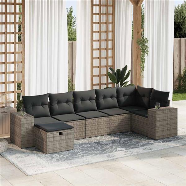 Grote foto vidaxl 7 delige loungeset met kussens poly rattan grijs tuin en terras tuinmeubelen