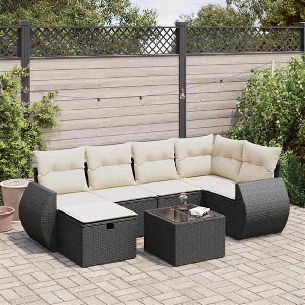 Grote foto vidaxl 7 delige loungeset met kussens poly rattan zwart tuin en terras tuinmeubelen