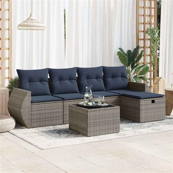 Grote foto vidaxl 6 delige loungeset met kussens poly rattan grijs tuin en terras tuinmeubelen