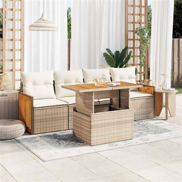 Grote foto vidaxl 5 delige loungeset met kussens poly rattan en acaciahout beige tuin en terras tuinmeubelen