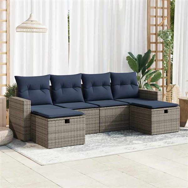 Grote foto vidaxl 6 delige loungeset met kussens poly rattan grijs tuin en terras tuinmeubelen