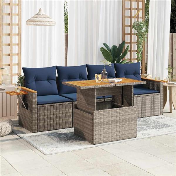 Grote foto vidaxl 5 delige loungeset met kussens poly rattan grijs tuin en terras tuinmeubelen