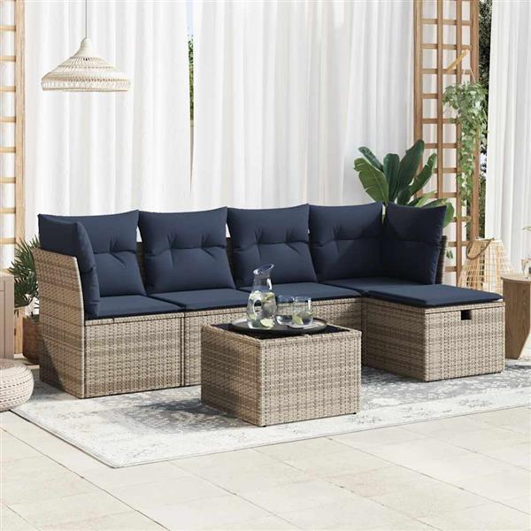 Grote foto vidaxl 6 delige loungeset met kussens poly rattan grijs tuin en terras tuinmeubelen
