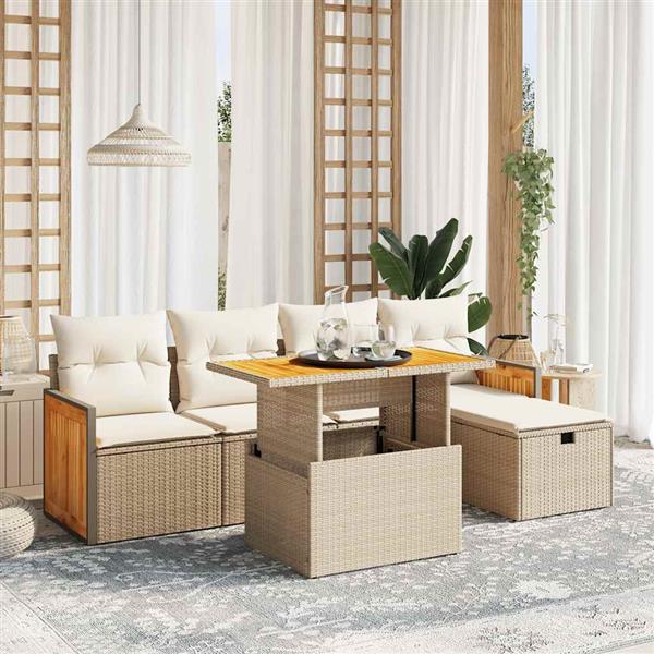 Grote foto vidaxl 6 delige loungeset met kussens poly rattan beige tuin en terras tuinmeubelen