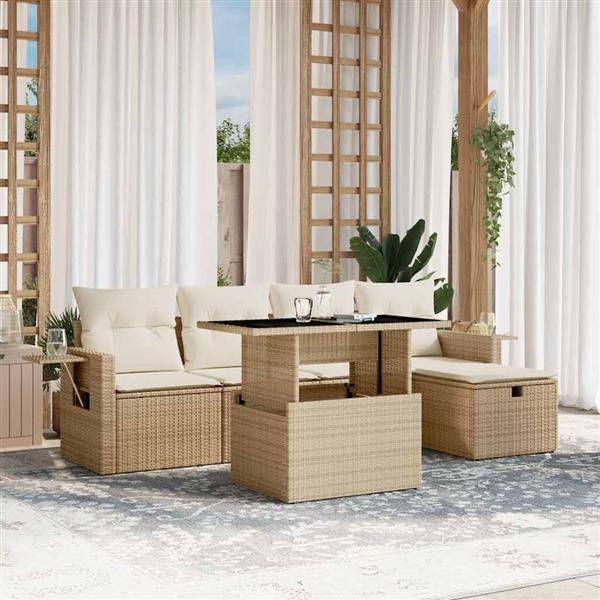 Grote foto vidaxl 6 delige loungeset met kussens poly rattan beige tuin en terras tuinmeubelen