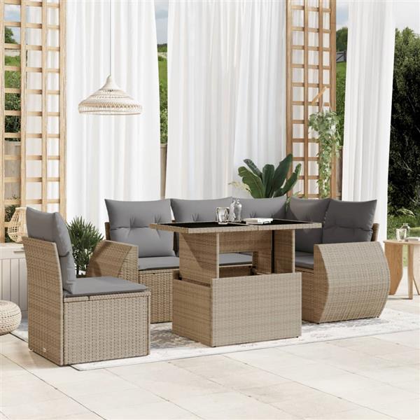 Grote foto vidaxl 6 delige loungeset met kussens poly rattan beige tuin en terras tuinmeubelen