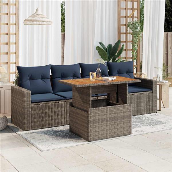 Grote foto vidaxl 5 delige loungeset met kussens poly rattan grijs tuin en terras tuinmeubelen