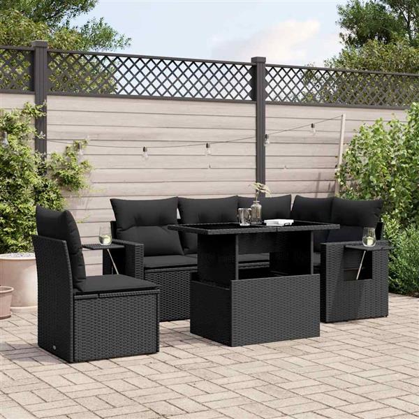 Grote foto vidaxl 6 delige loungeset met kussens poly rattan zwart tuin en terras tuinmeubelen