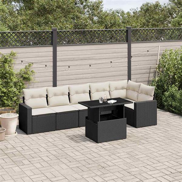 Grote foto vidaxl 7 delige loungeset met kussens poly rattan zwart tuin en terras tuinmeubelen