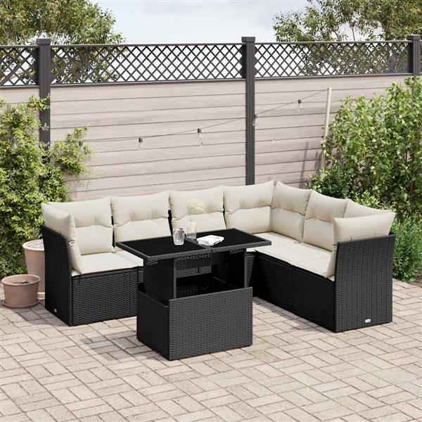 Grote foto vidaxl 7 delige loungeset met kussens poly rattan zwart tuin en terras tuinmeubelen