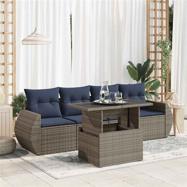 Grote foto vidaxl 5 delige loungeset met kussens poly rattan acacia grijs tuin en terras tuinmeubelen