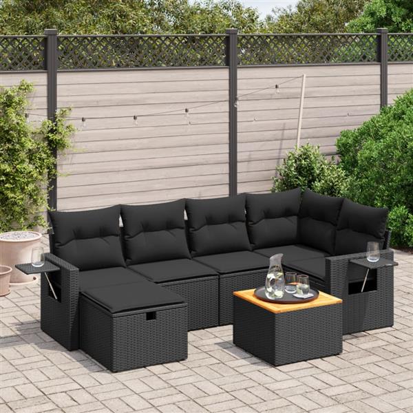 Grote foto vidaxl 7 delige loungeset met kussens poly rattan zwart tuin en terras tuinmeubelen